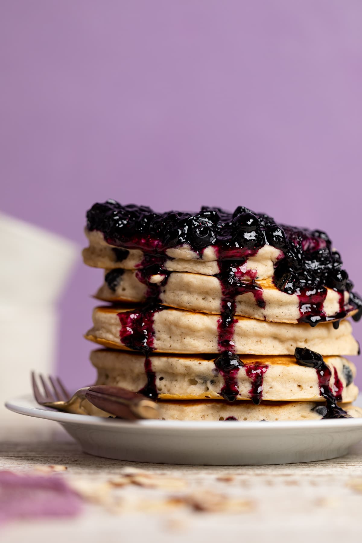 Closeup of a stack of Dairy-Free Almond Blueberry Pancakes