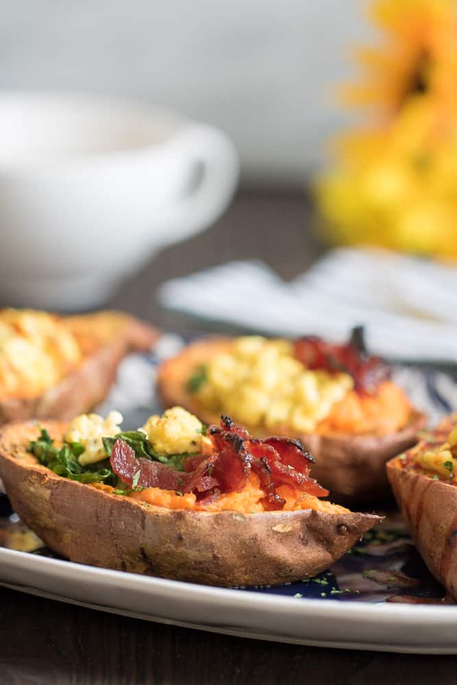 Loaded Spinach, Bacon, Egg, + Cheese Sweet Potato Boats