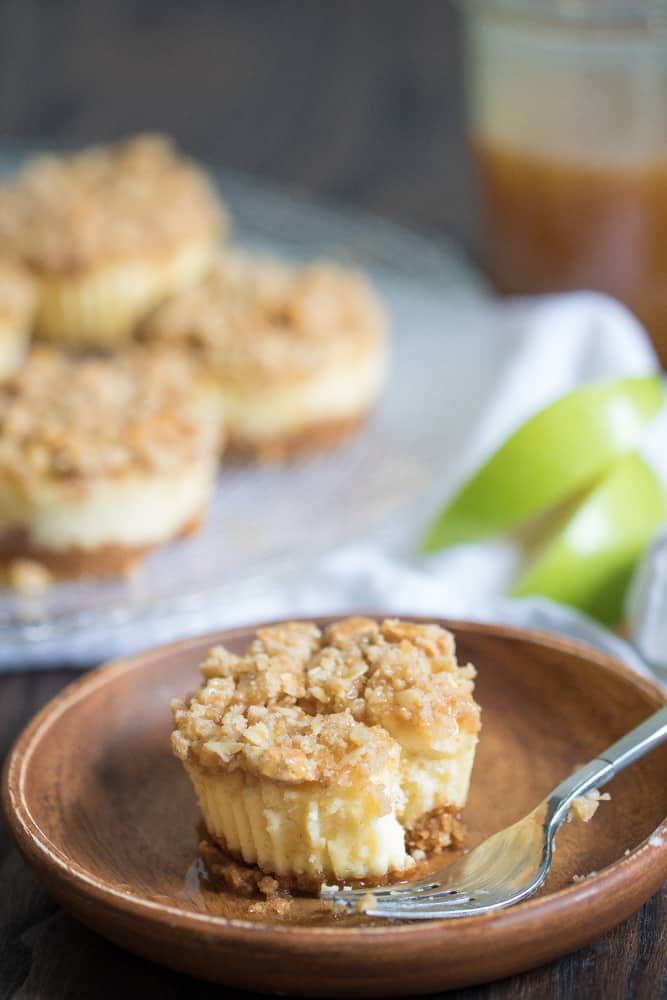 Mini Salted Caramel Apple Streusel Cheesecake Bites