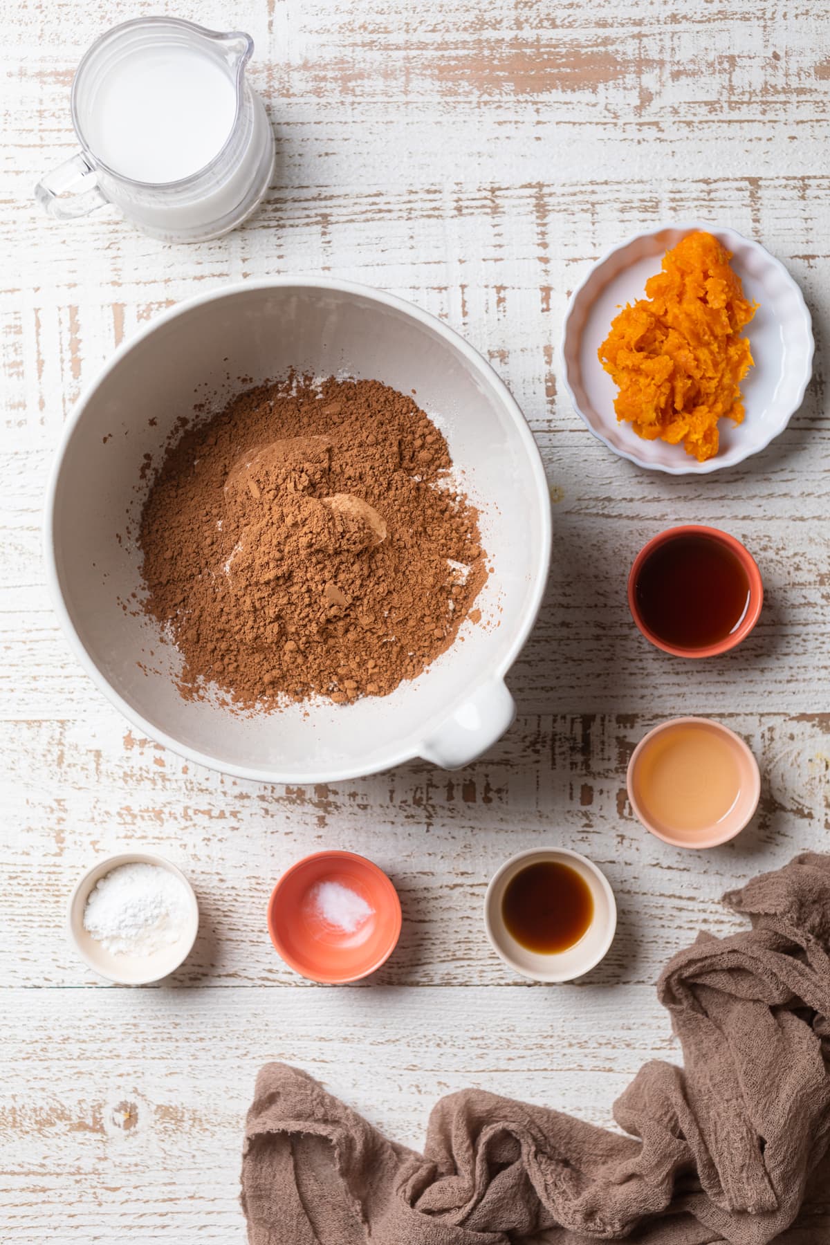 Ingredients for Sweet Potato Pancakes in small bowls.