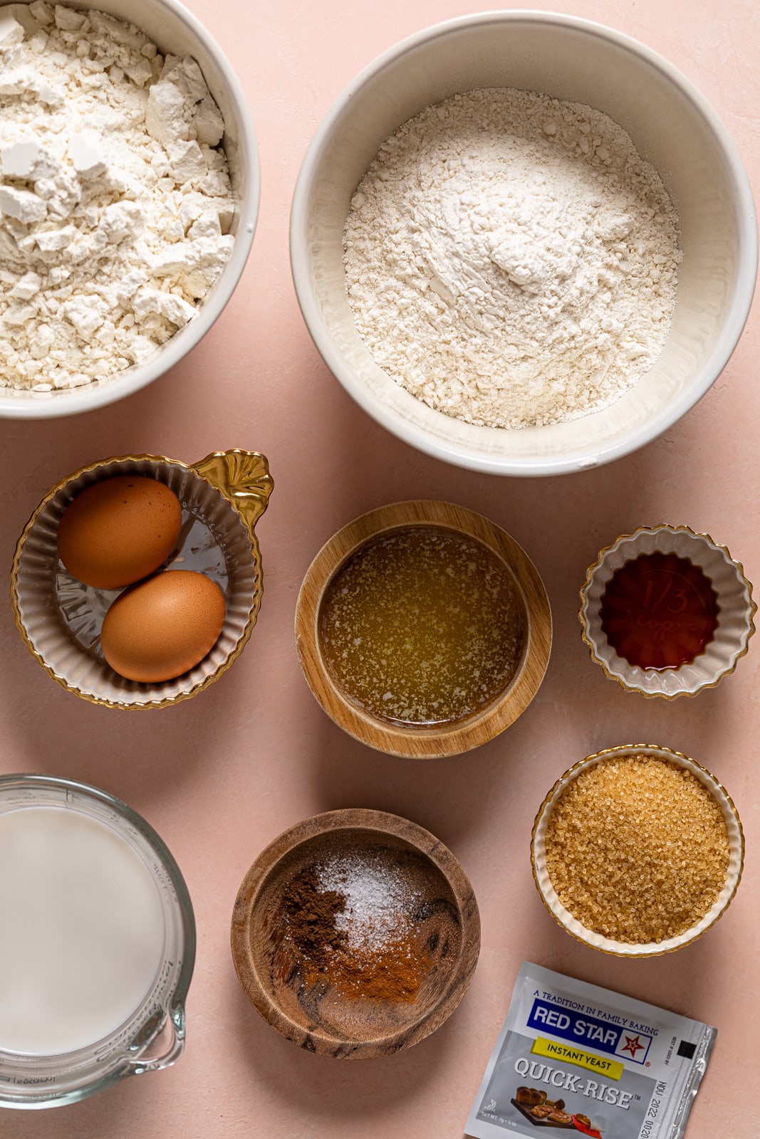 Ingredients including eggs, flour, and yeast.