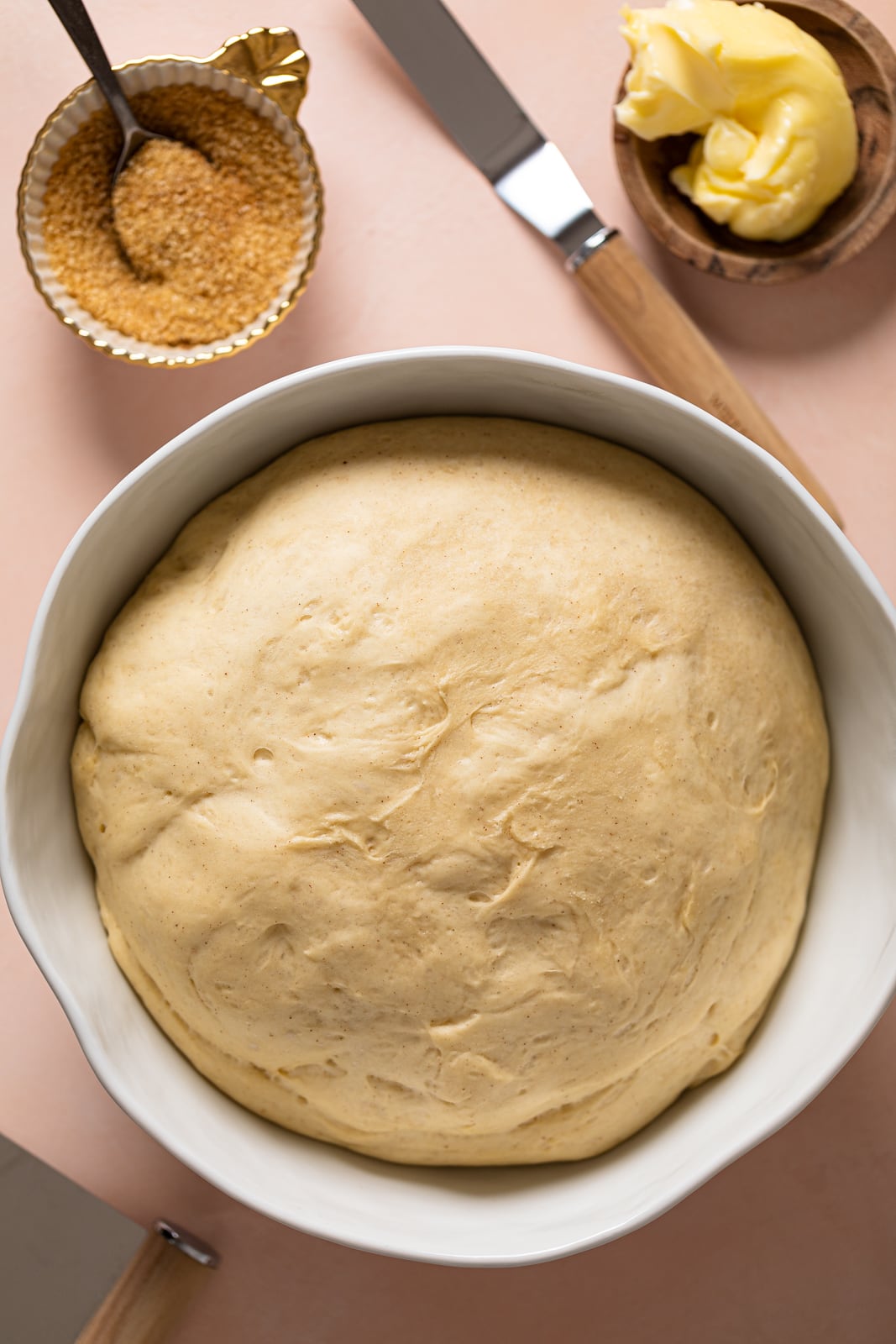 Risen cinnamon roll dough.