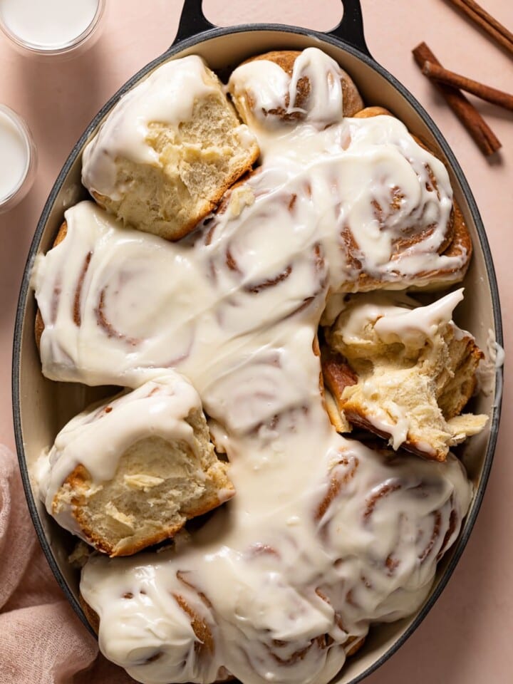 Classic Cinnamon Rolls arranged in a baking dish.