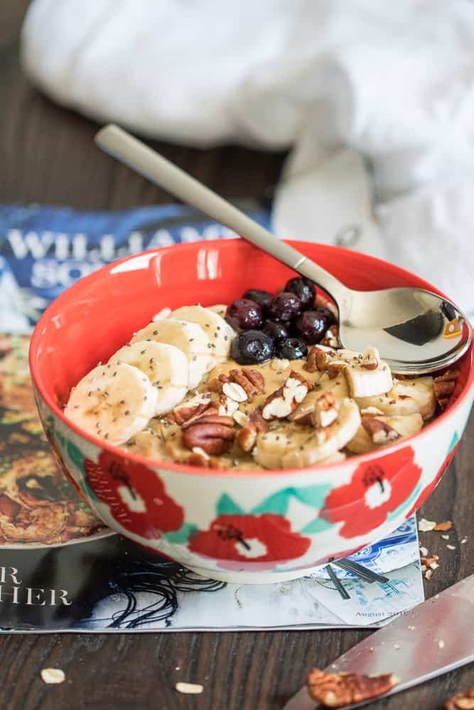 Bowl of Peanut Butter Banana Chia Seed Oats.