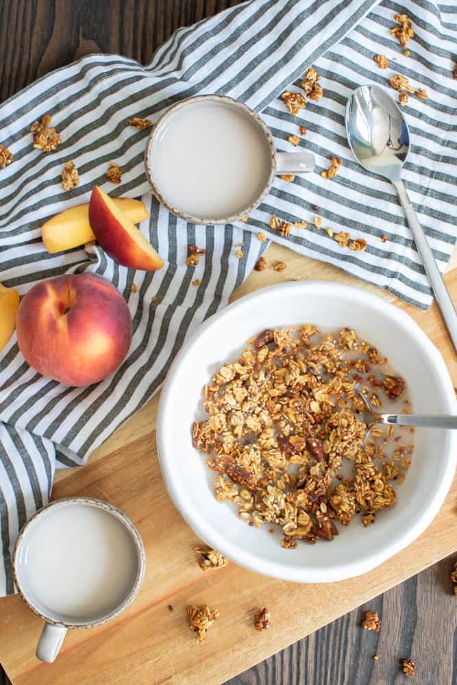 Bowl of Caramelized Peach Cinnamon Breakfast Granola.