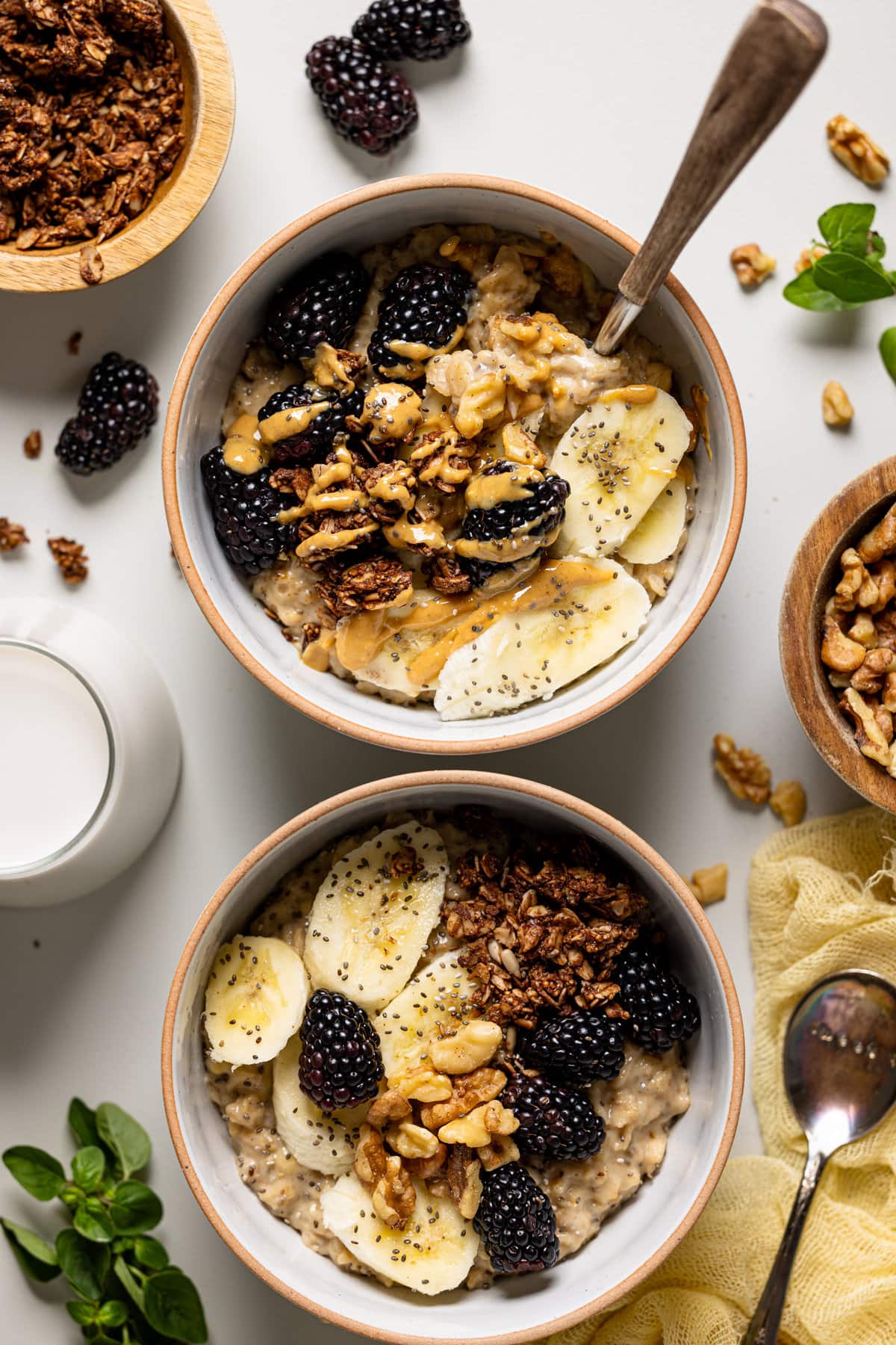 Overhead shot of two bowls of Protein Peanut Butter Banana Chia Oatmeal