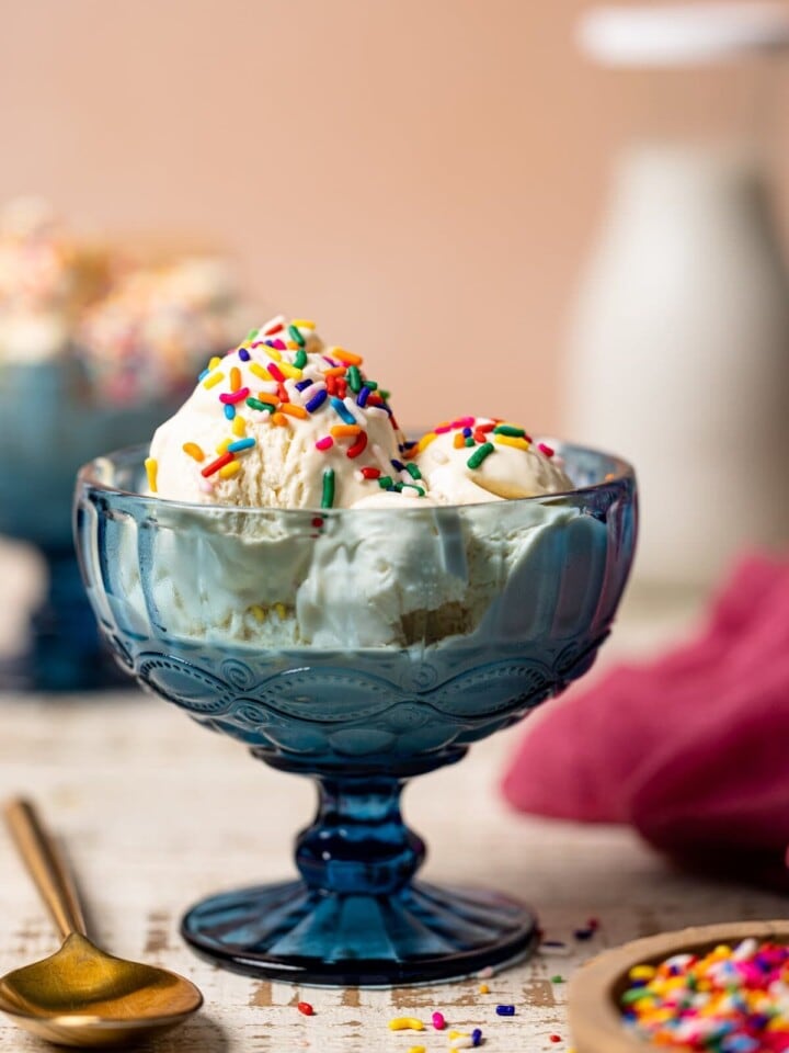 Bowl of No-Churn Vanilla Ice Cream topped with sprinkles.