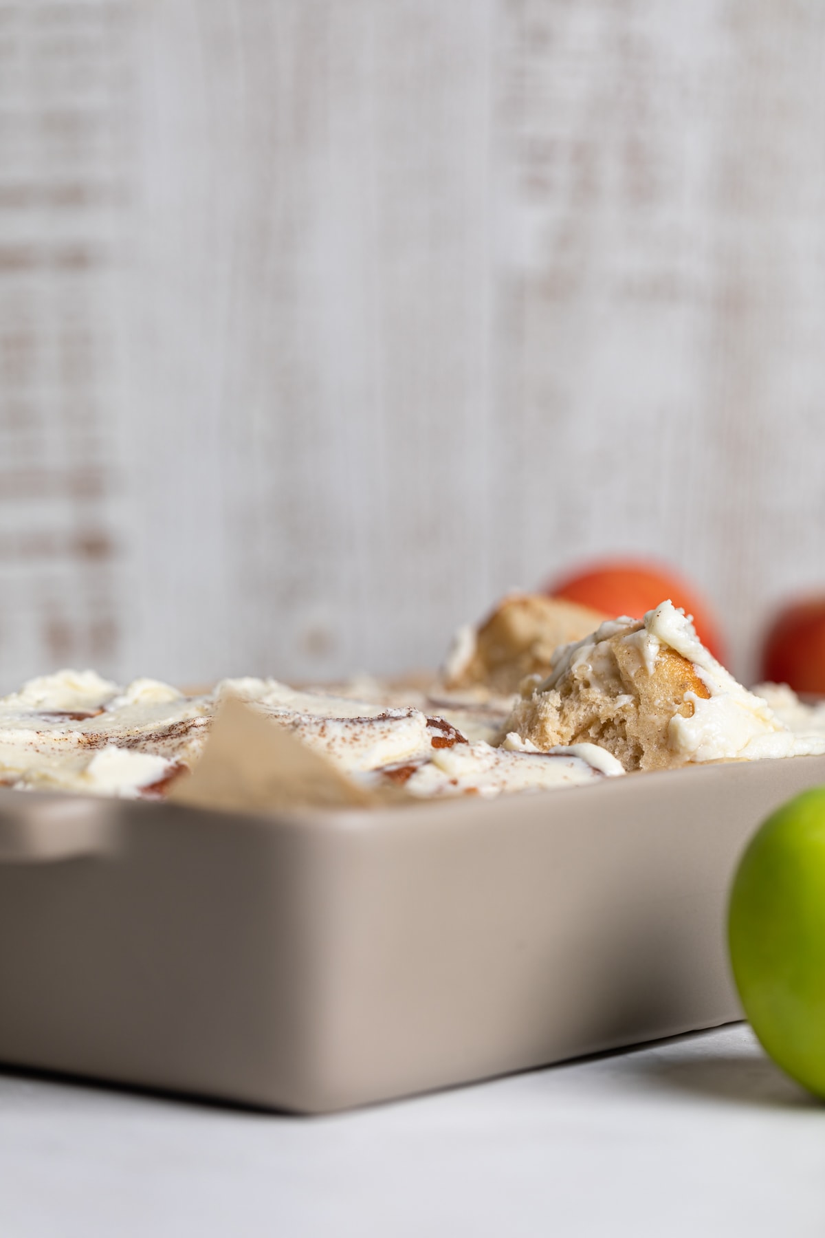 Overnight Vegan Apple Cinnamon Rolls in a baking dish