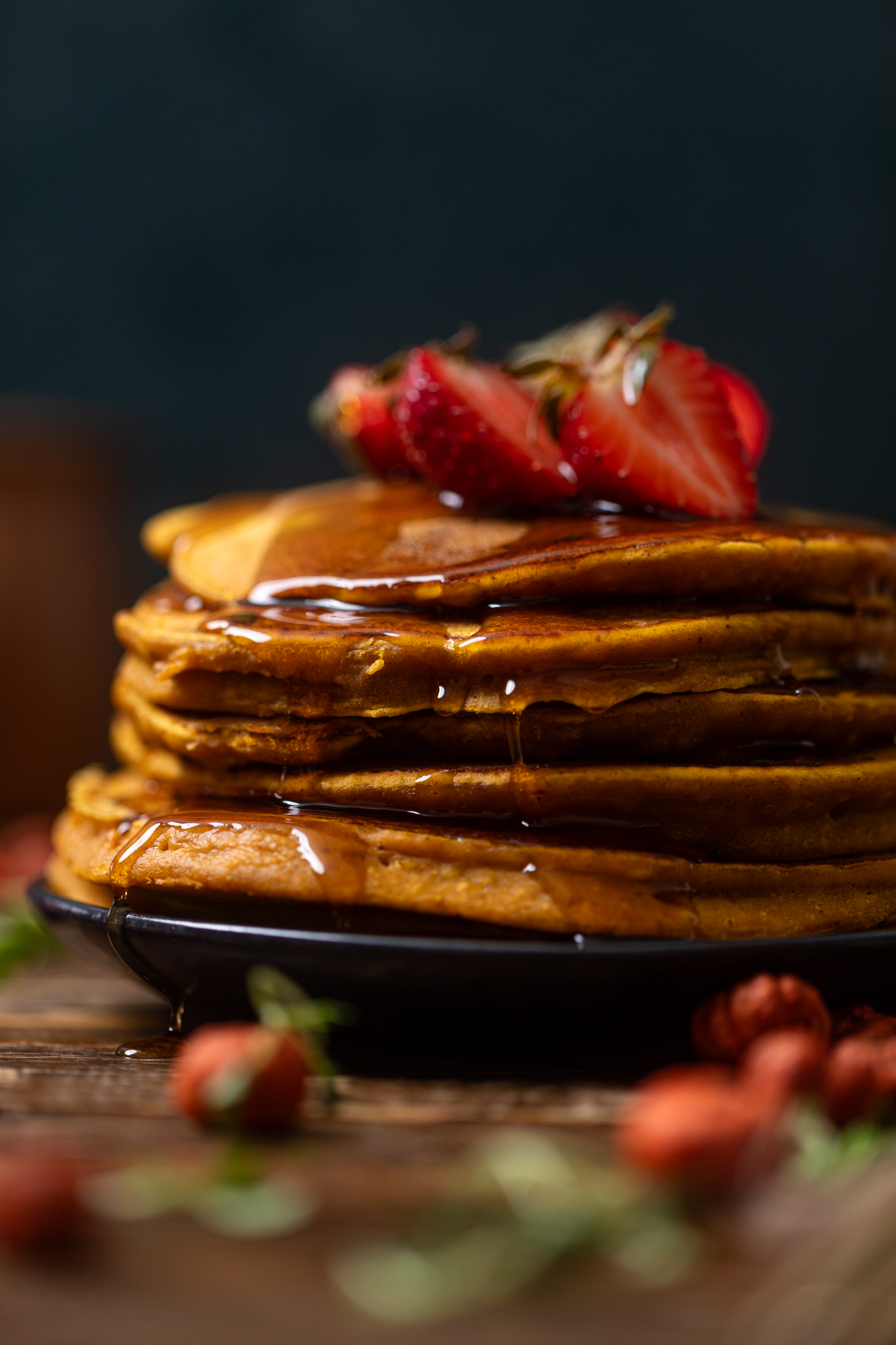 Stack of Cozy Pumpkin Spice Pancakes up close shot.