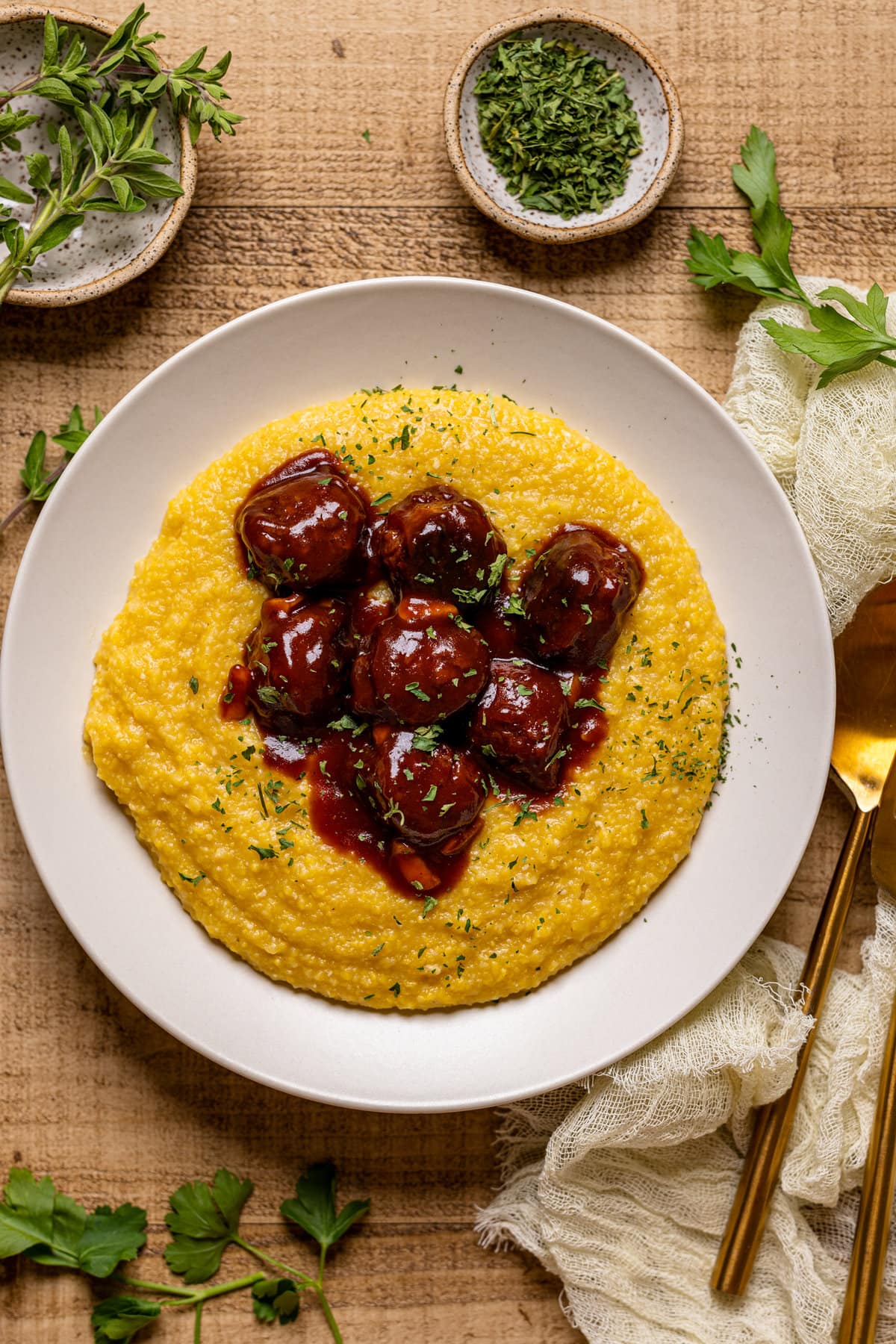 Overhead shot of a plate of Vegan BBQ Chickpea Meatballs