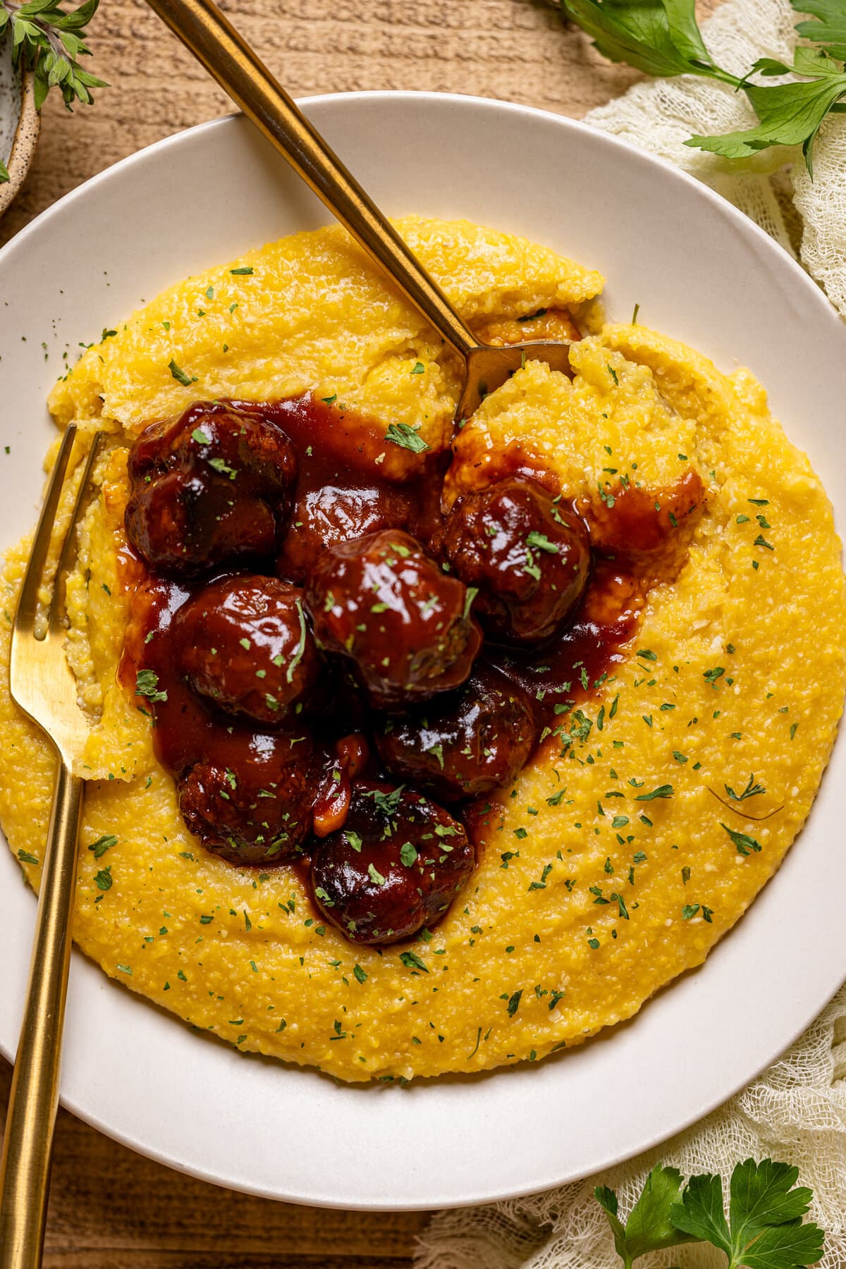 Closeup of Vegan Chickpea Meatballs with Polenta