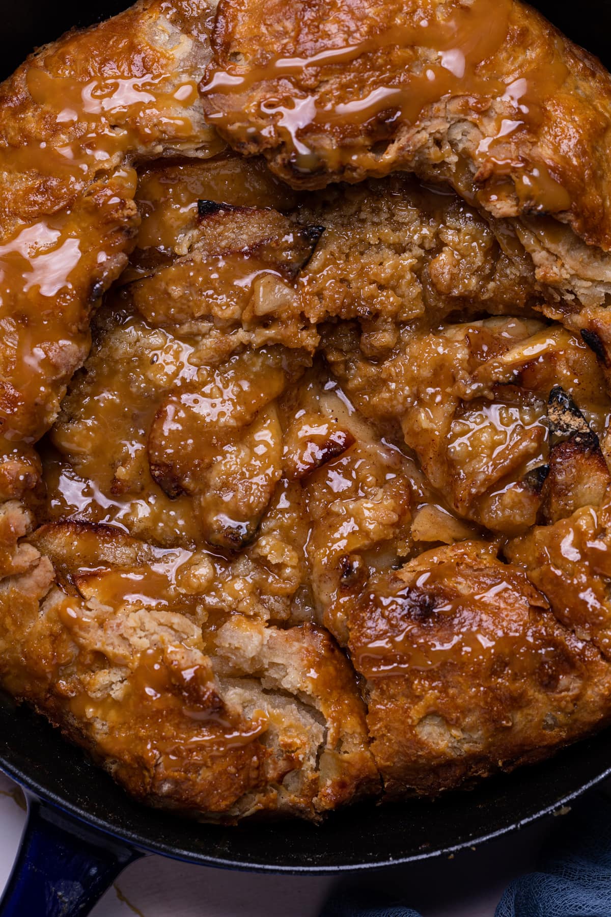 Up close shot of a Salted Caramel Apple Skillet Galette.