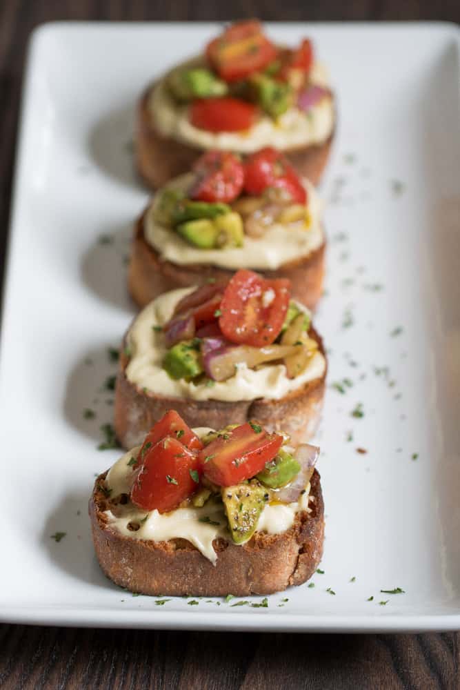 Vegan Tomato Avocado 'Cream Cheese' Bruschetta