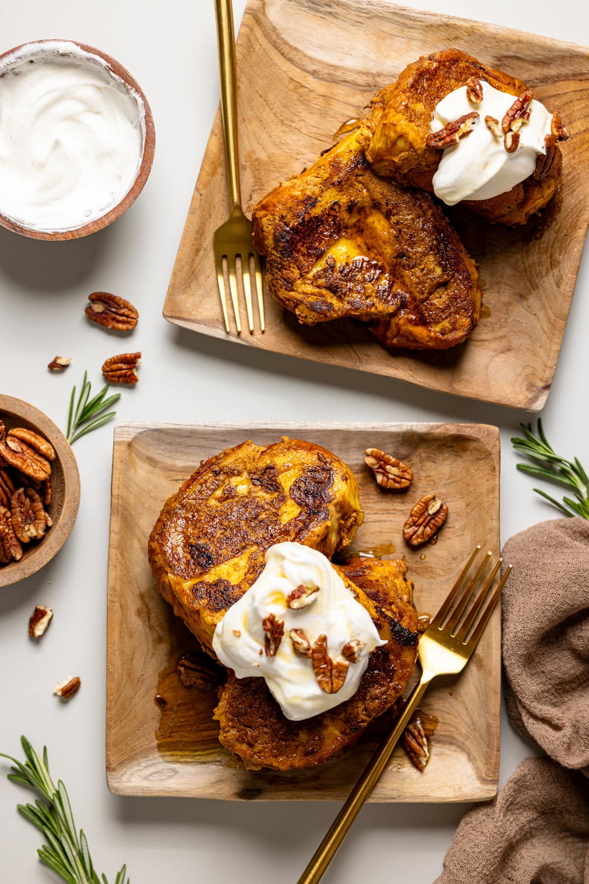 Overhead shot of two plates of Pumpkin French Toast 