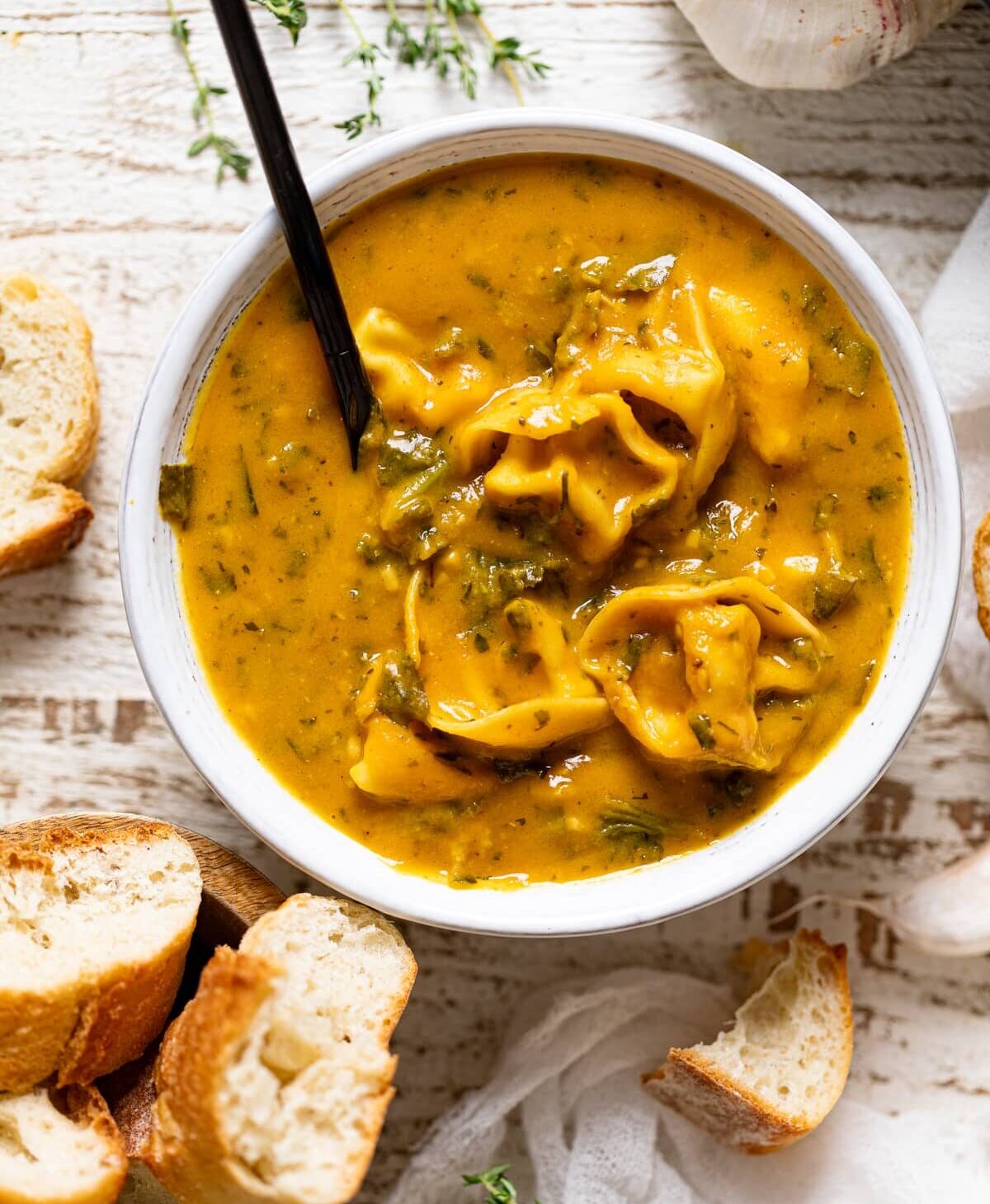 Bowl of Cajun pumpkin tortellini soup