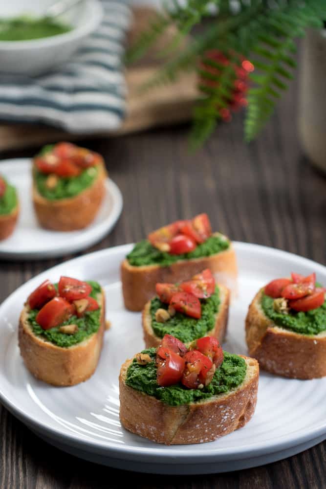 Kale Spinach Pesto + Tomato Bruschetta
