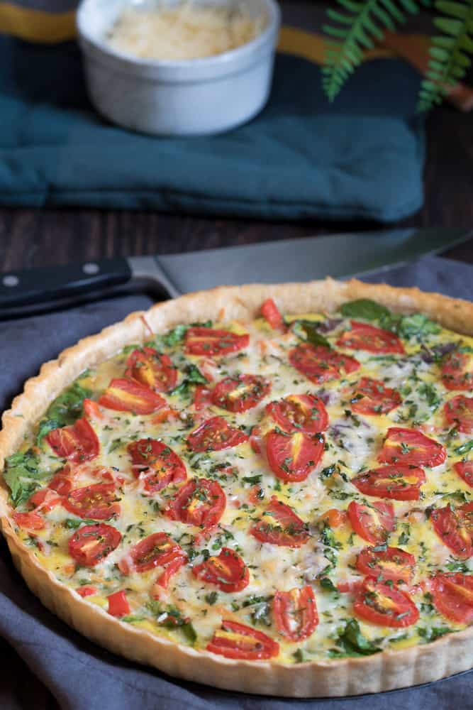Onion, Spinach, Tomato, + Parmesan Quiche