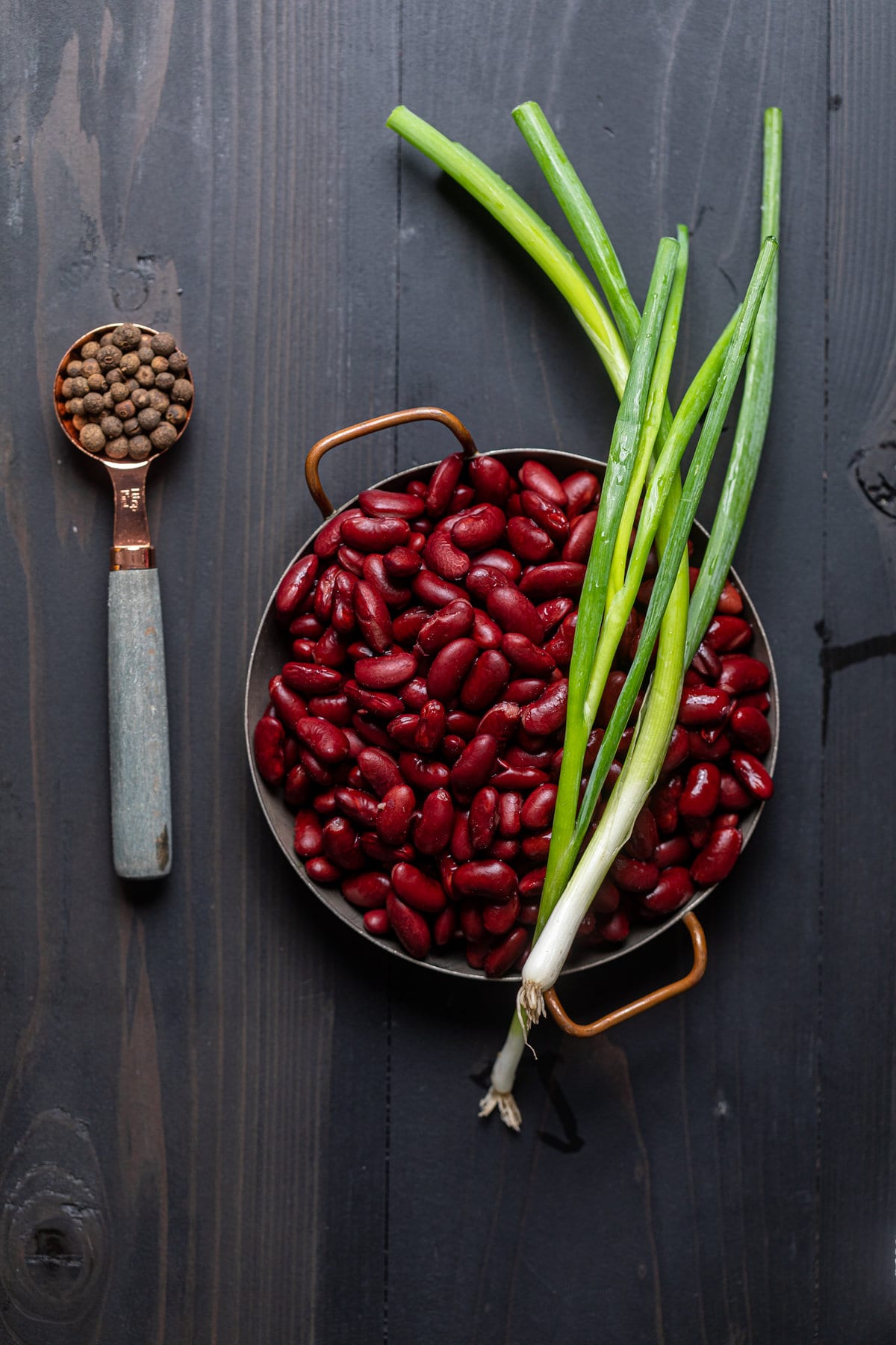 Green onions on a bowl of red kidney beans next to a spoon of pimiento seeds