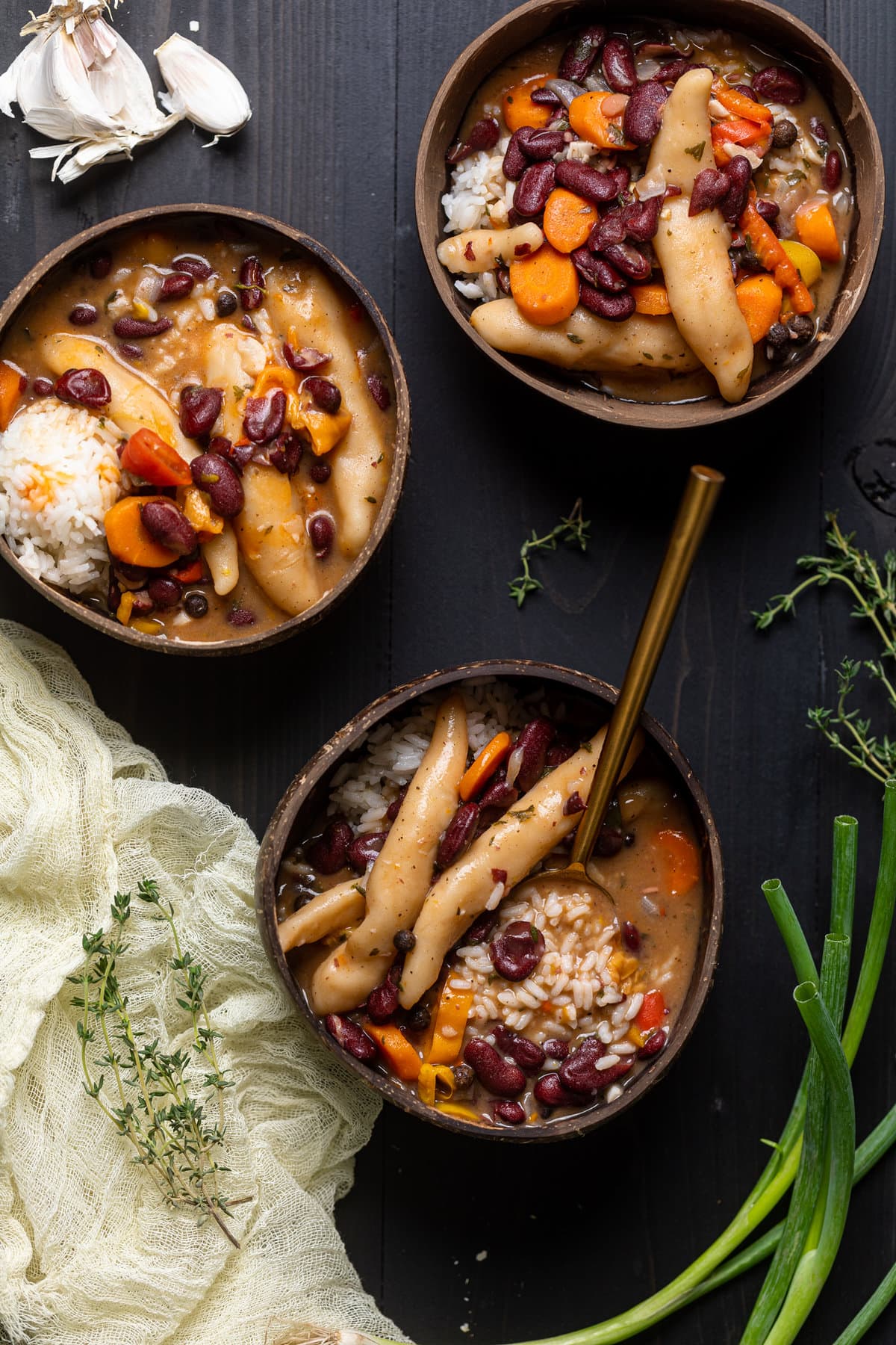 Three bowls of Vegan Jamaican Stew Peas