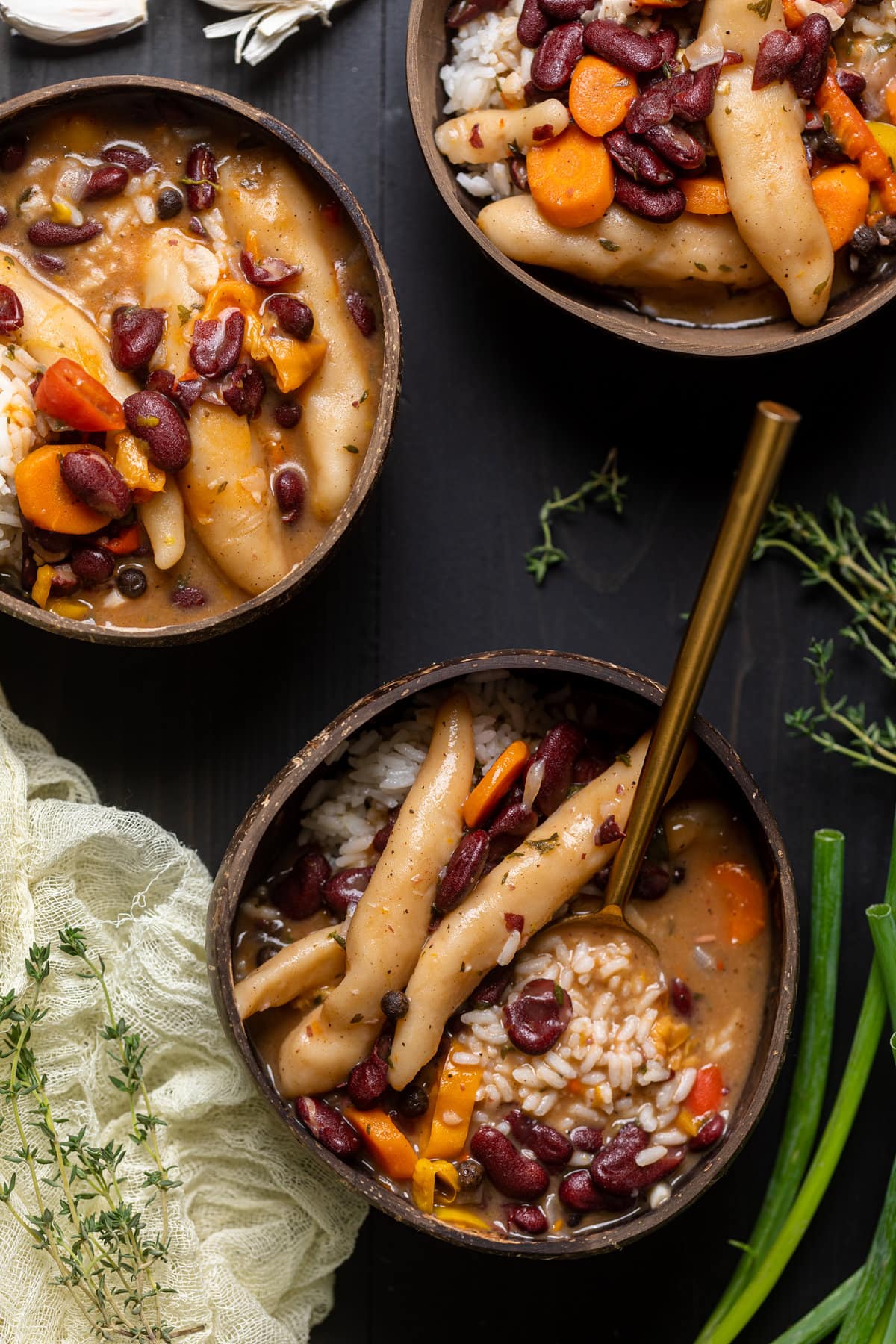 Three bowls of Vegan Jamaican Stew Peas