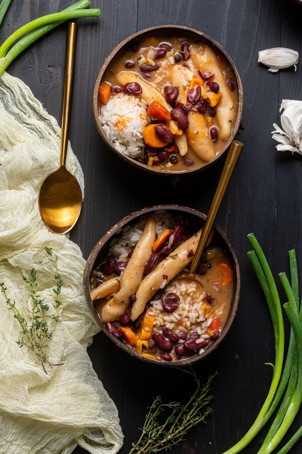 Overhead shot of two bowl of Vegan Jamaican Stew Peas