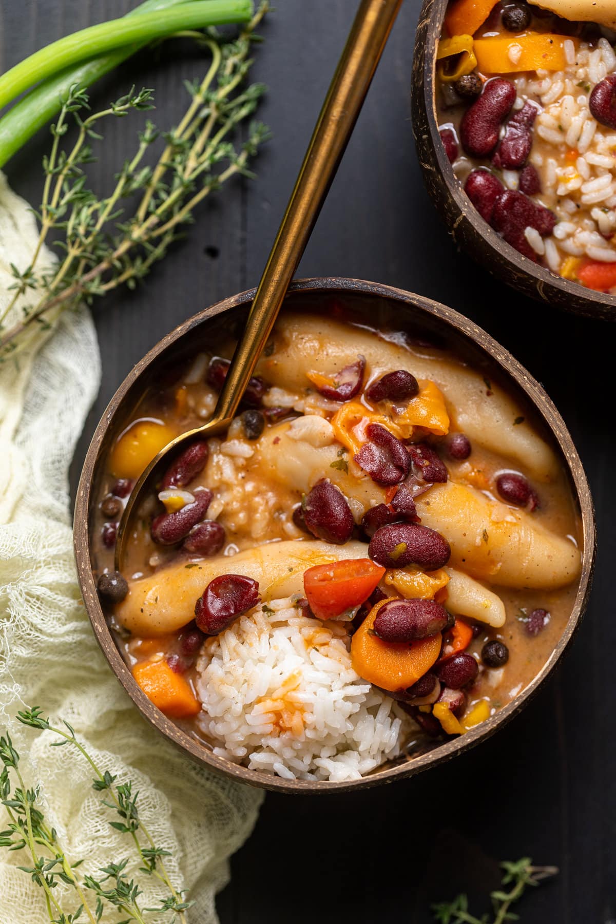 Closeup of a bowl of Vegan Jamaican Stew Peas