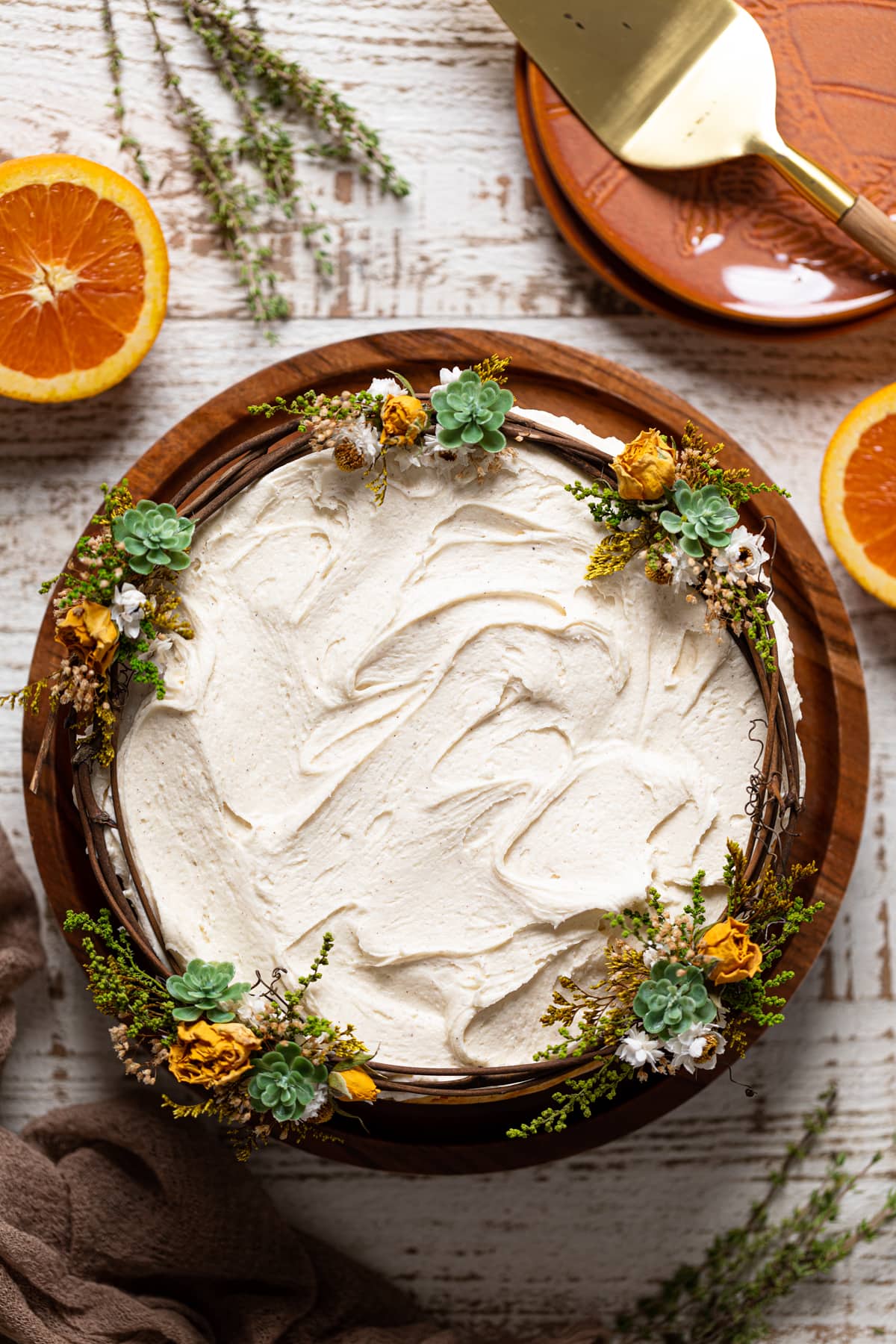 Overhead shot of a Vegan Carrot Cake with Orange-infused Frosting