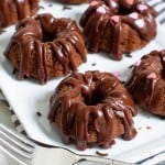 Valentine's Day Mini Chocolate Brownie Bundt Cakes on a white plate.