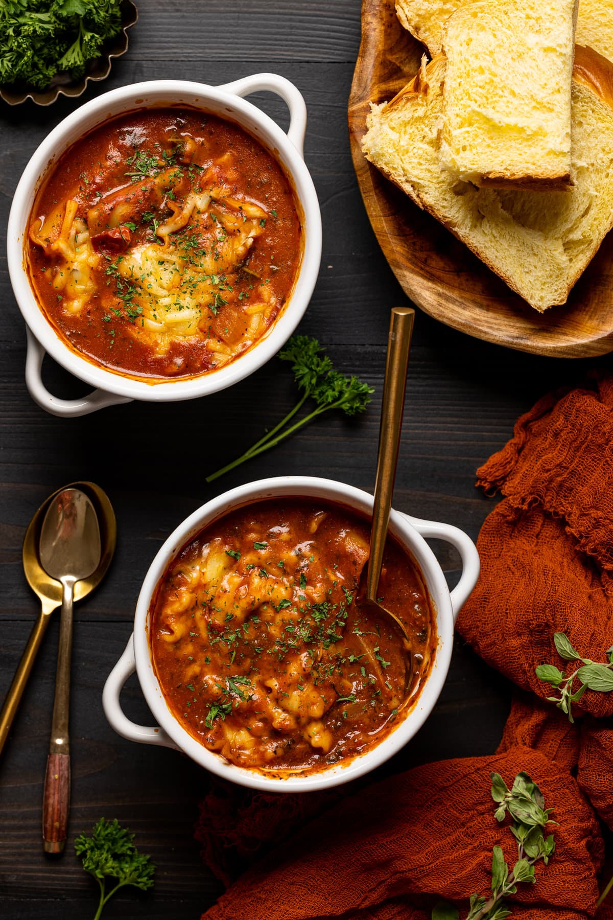 Two bowls of Vegan Lasagna Soup