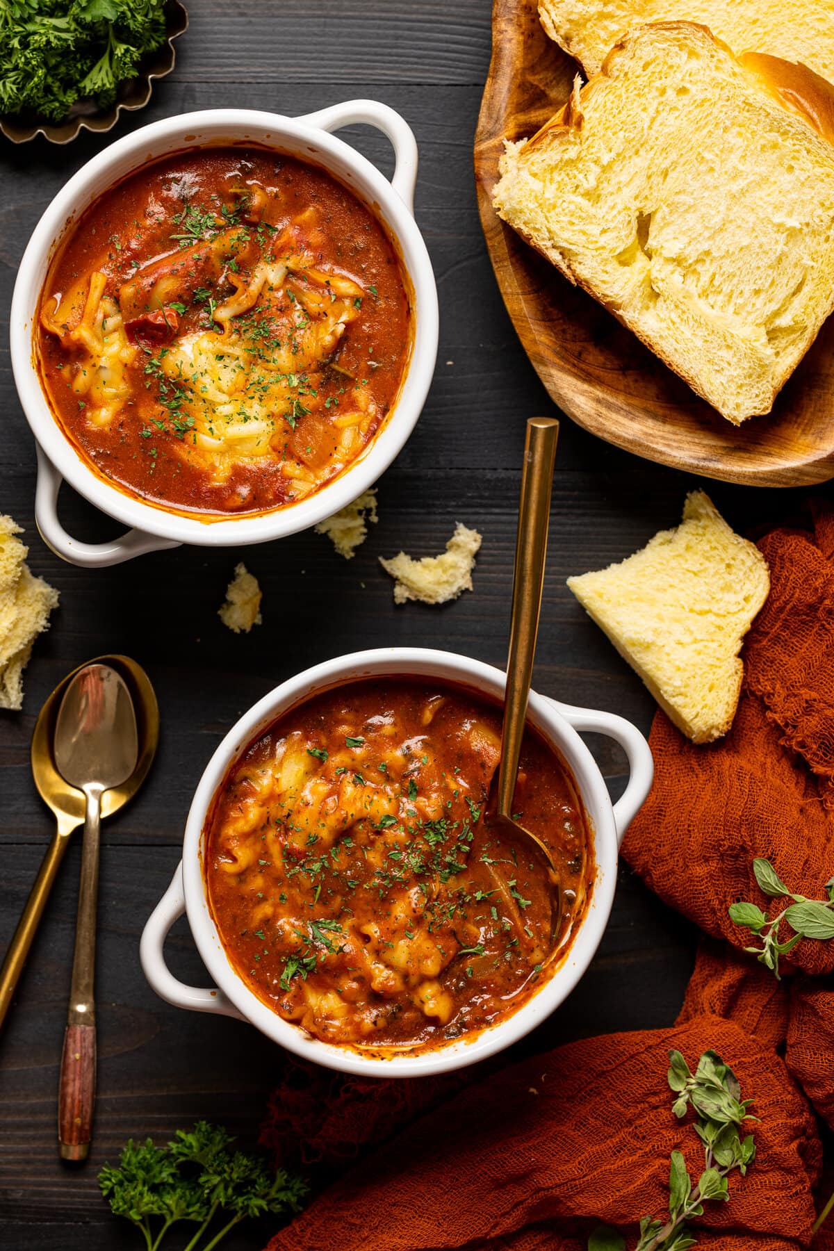 Two bowls of Vegan Lasagna Soup