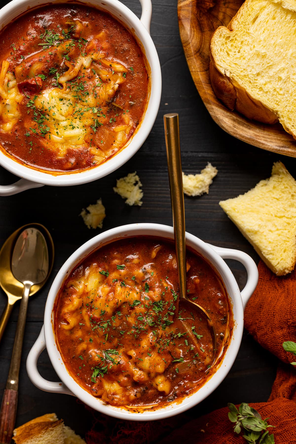 Overhead shot of two bowls of Vegan Lasagna Soup