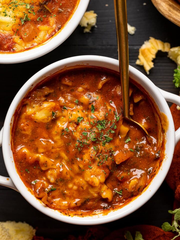 Bowl of Vegan Lasagna Soup with spoon