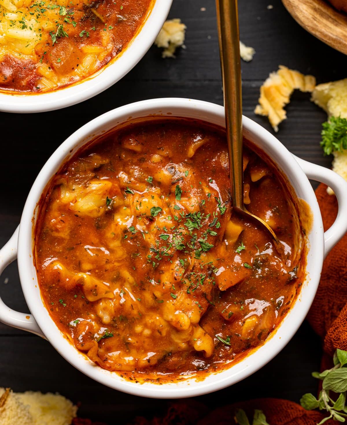 Bowl of Vegan Lasagna Soup with spoon