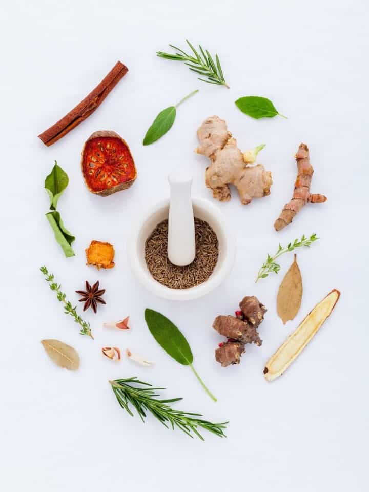 Mortar and pestle surrounded by herbs and spices.