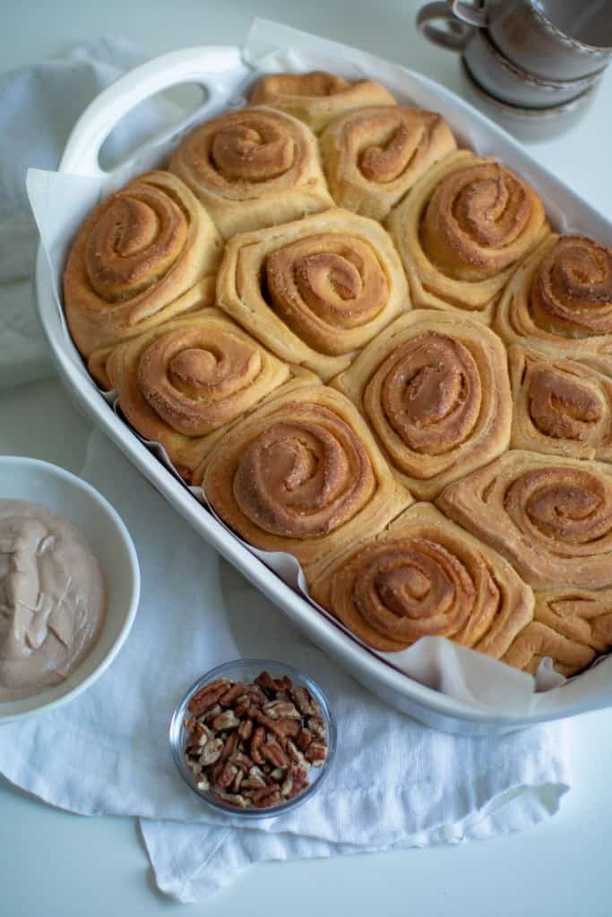 Vegan Sweet Potato Cinnamon Rolls + Maple Pecan Glaze