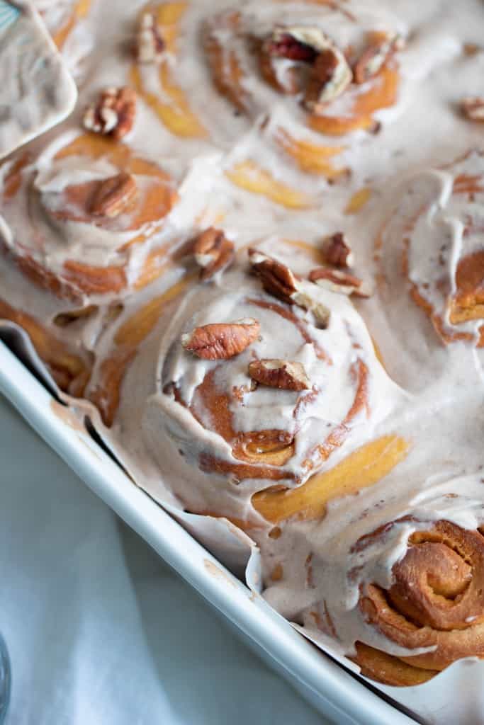Vegan Sweet Potato Cinnamon Rolls + Maple Pecan Glaze
