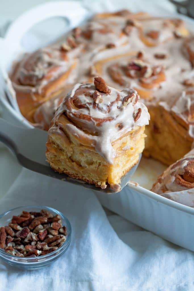 Vegan Sweet Potato Cinnamon Rolls + Maple Pecan Glaze