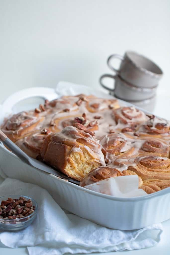 Vegan Sweet Potato Cinnamon Rolls + Maple Pecan Glaze