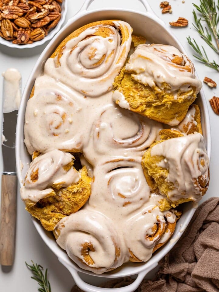 Baking dish of Vegan Sweet Potato Cinnamon Rolls