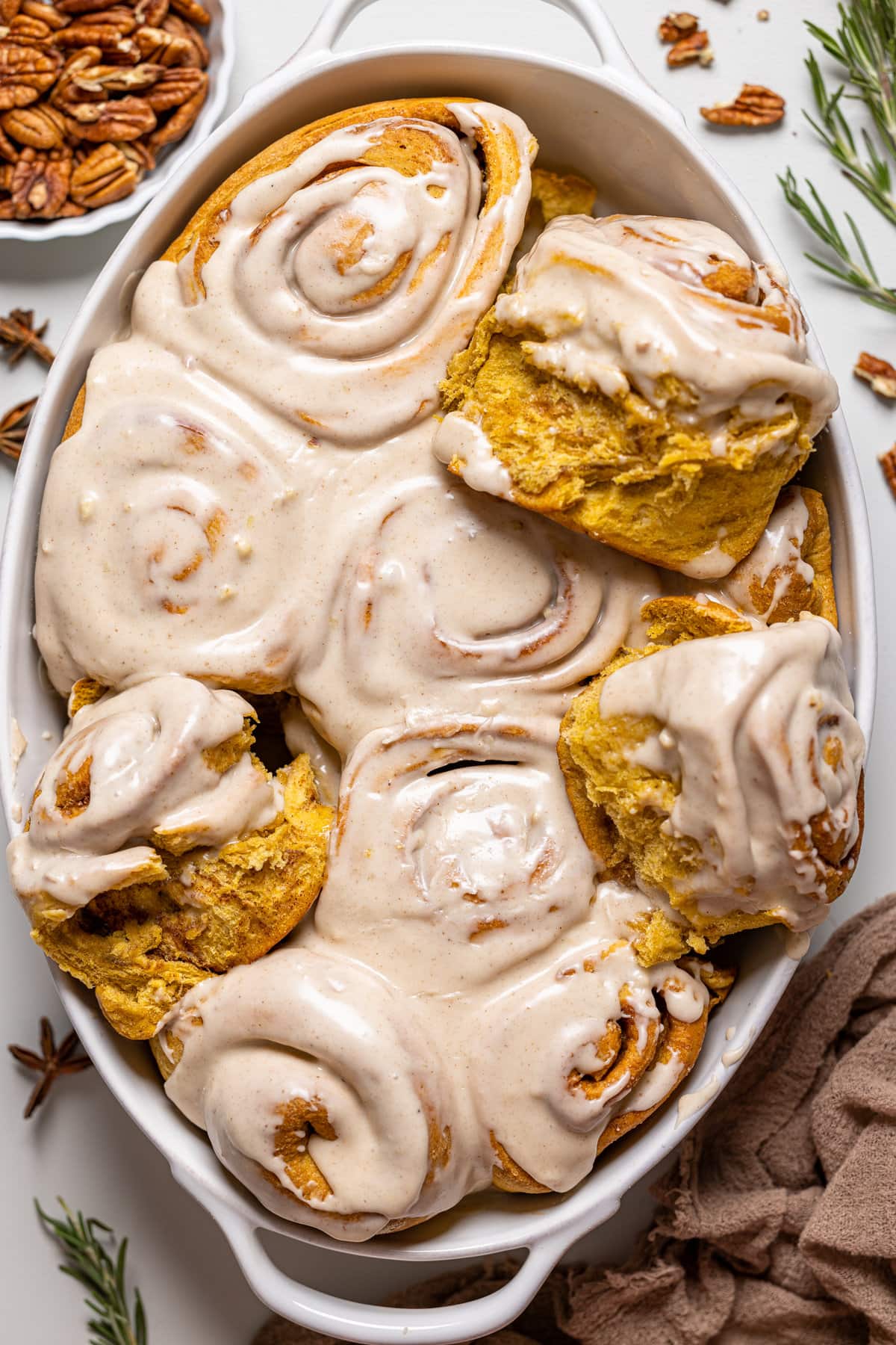 Closeup of a baking pan of Vegan Sweet Potato Cinnamon Rolls 