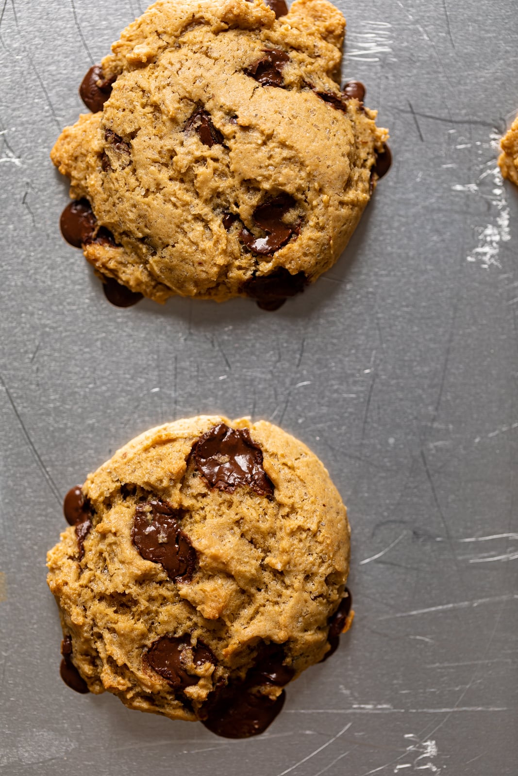 Vegan Chocolate Chip Cookies on a baking sheet