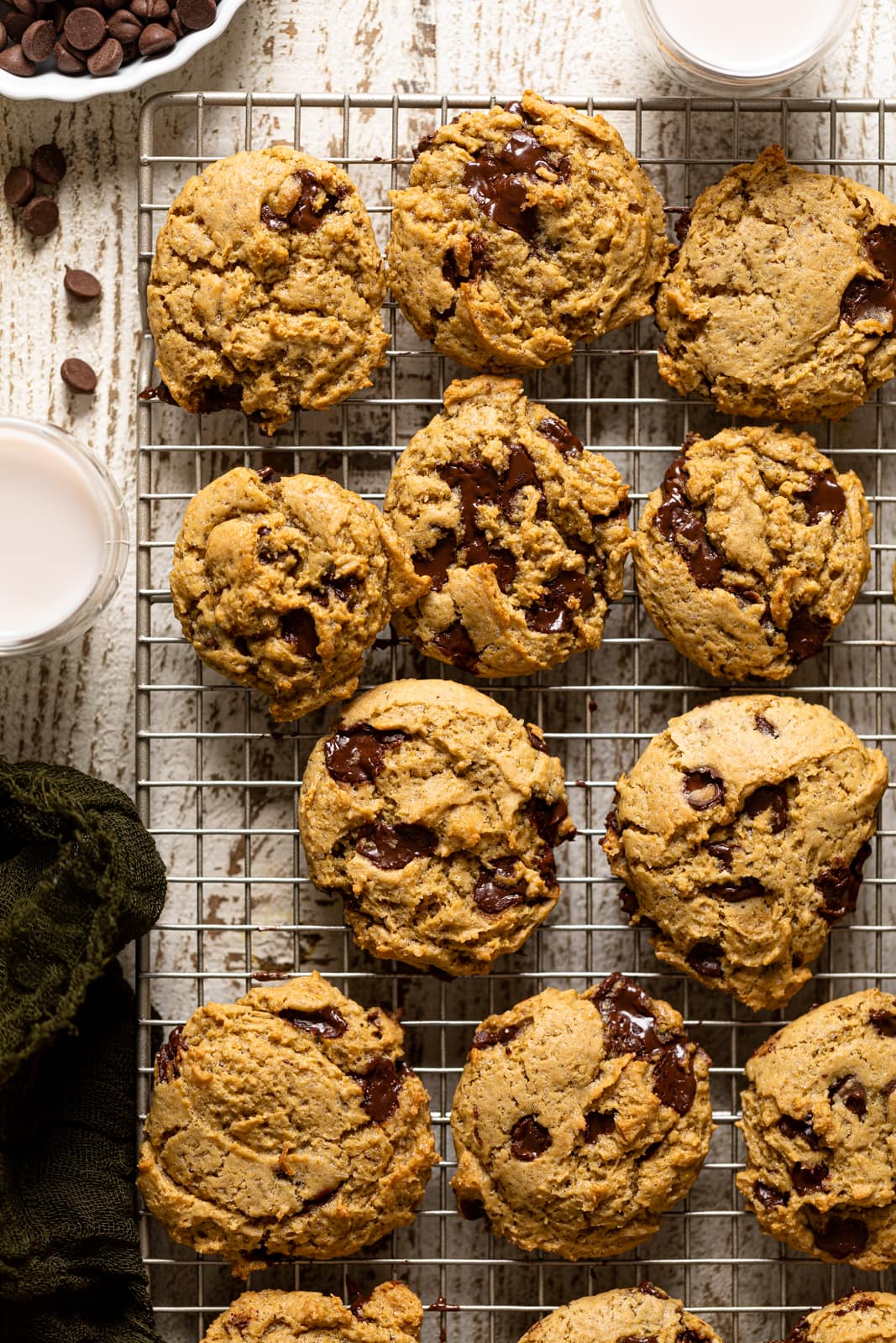 Overhead shot of Vegan Chocolate Chip Cookies on a wire rack