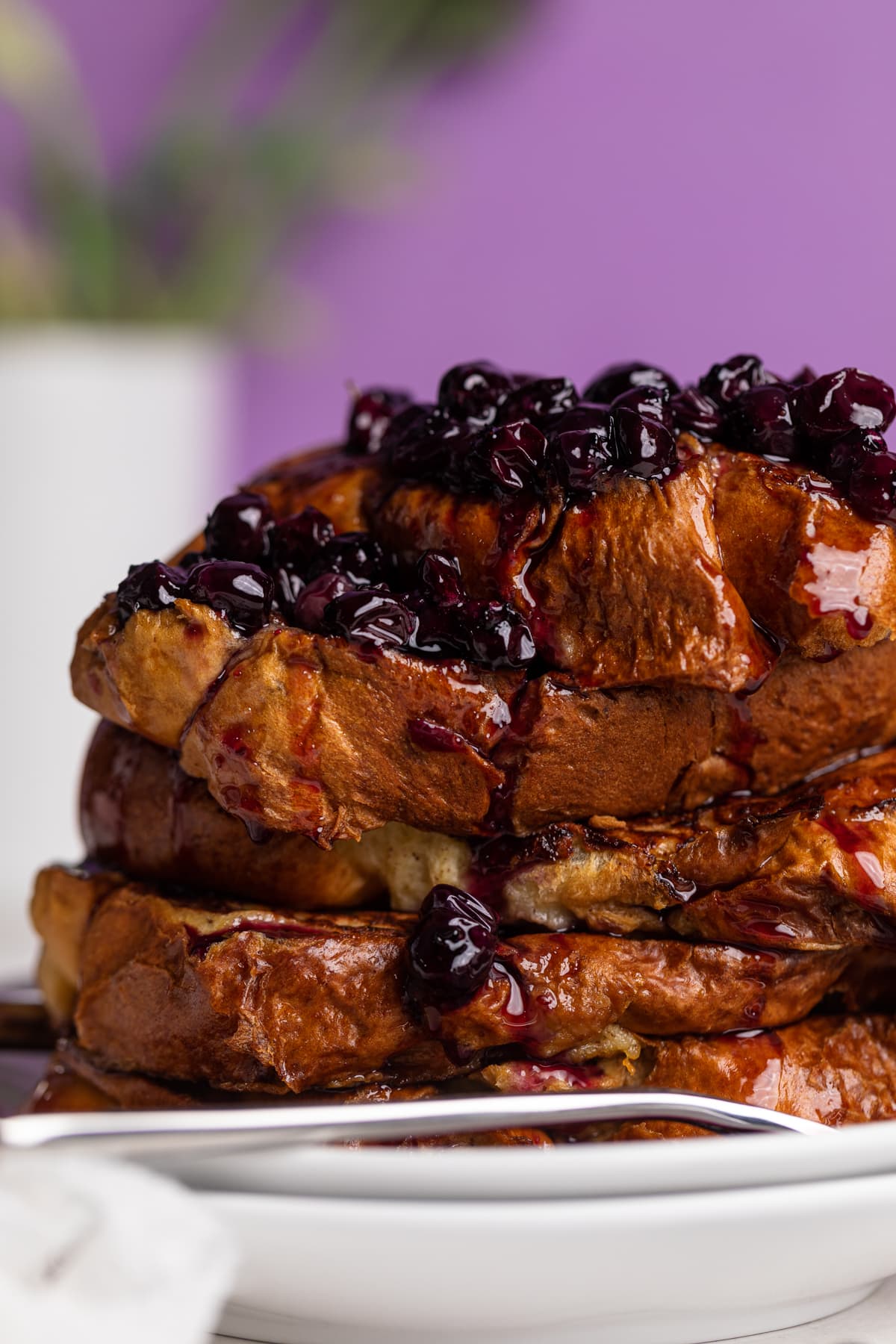 Close up of a stack of Dairy-Free Blueberry French Toast.