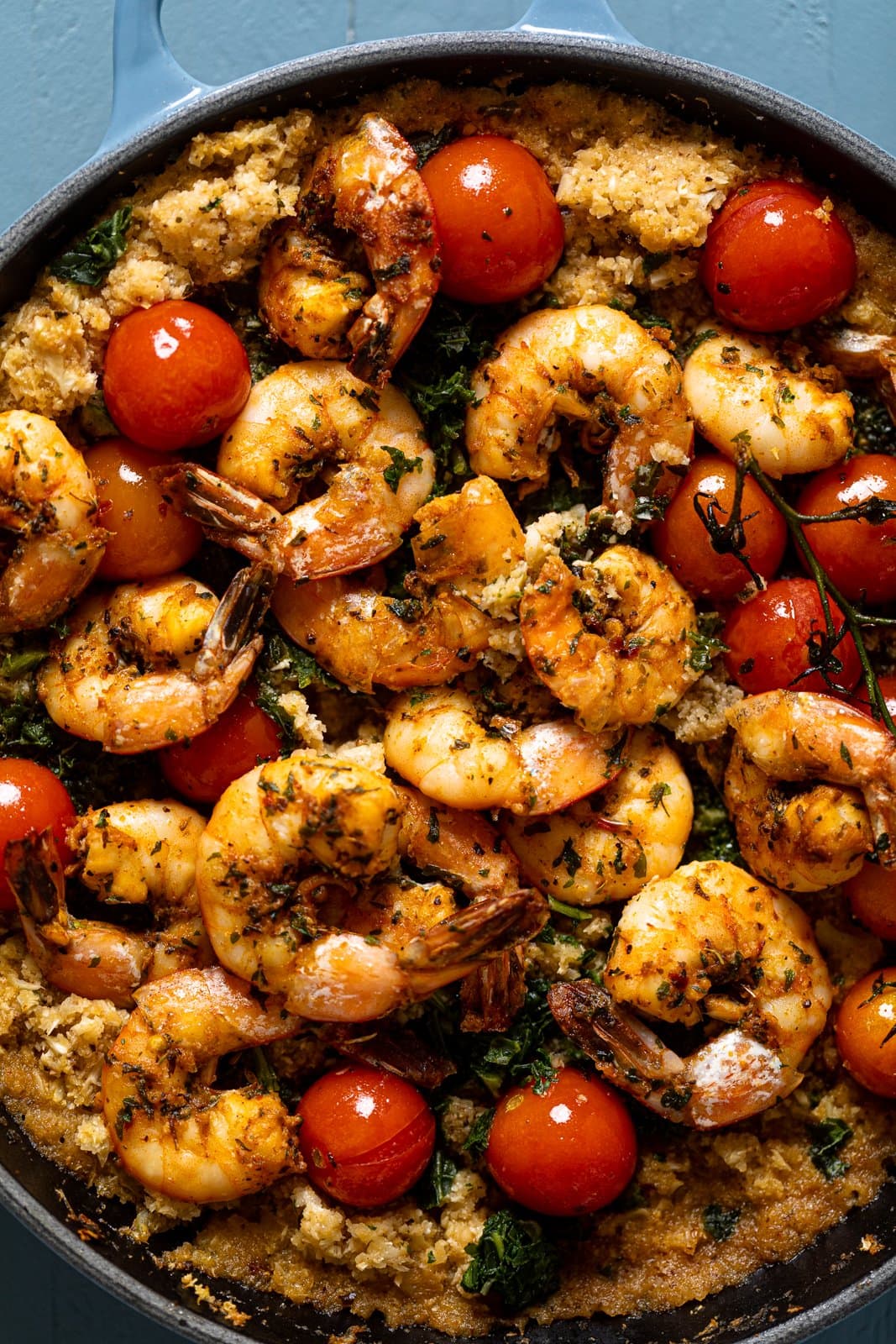 Closeup of Spicy Cajun Shrimp, Kale. Weeknight Dinner.