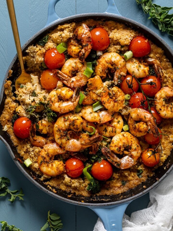 Skillet of Spicy Cajun Shrimp, Kale, and Cauliflower Rice