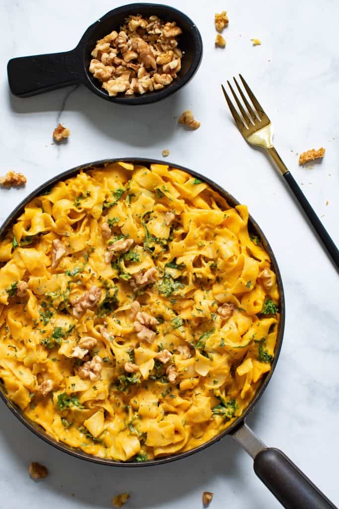Vegan Sweet Potato Pasta w/ Kale + Spinach