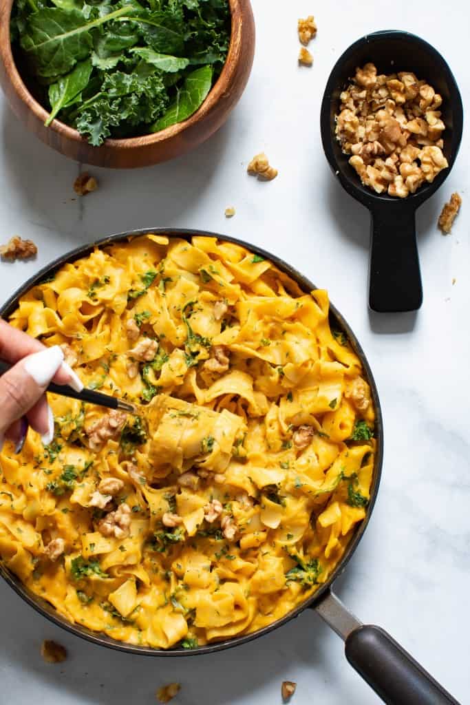 Vegan Sweet Potato Pasta w/ Kale + Spinach