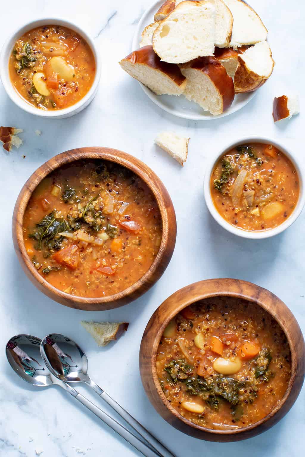 Bowls of Quinoa Veggie Soup and bread.