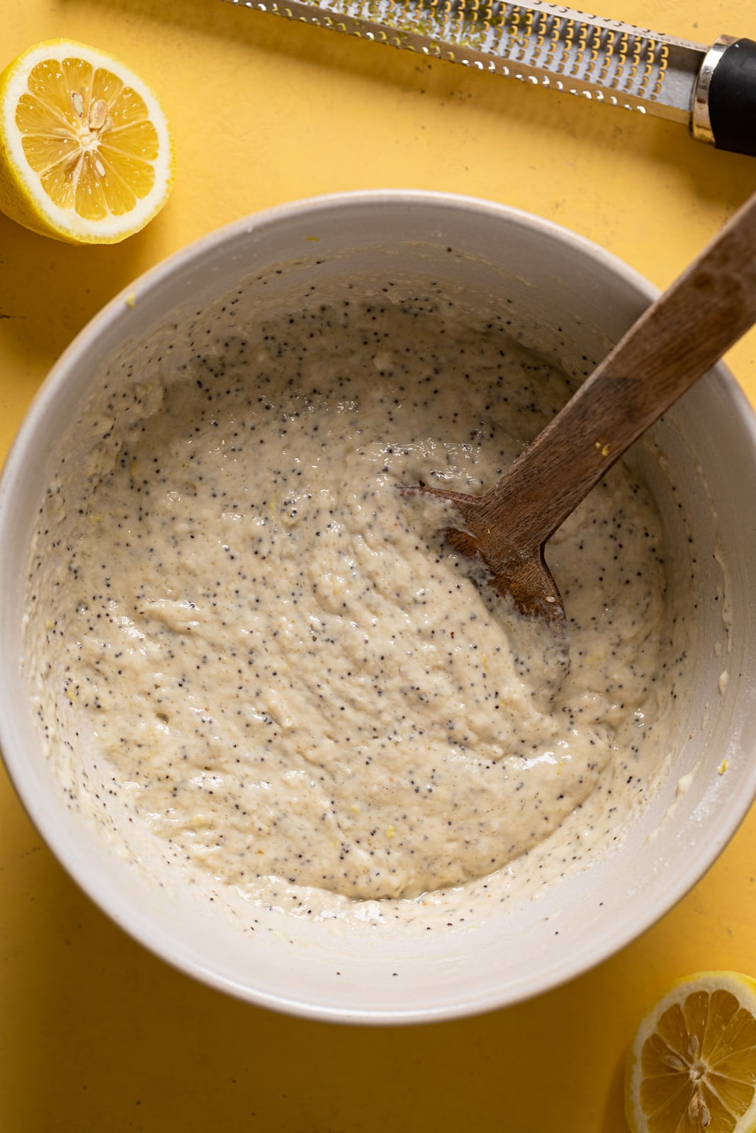 Bowl of Vegan Lemon Poppy Seed Donut batter