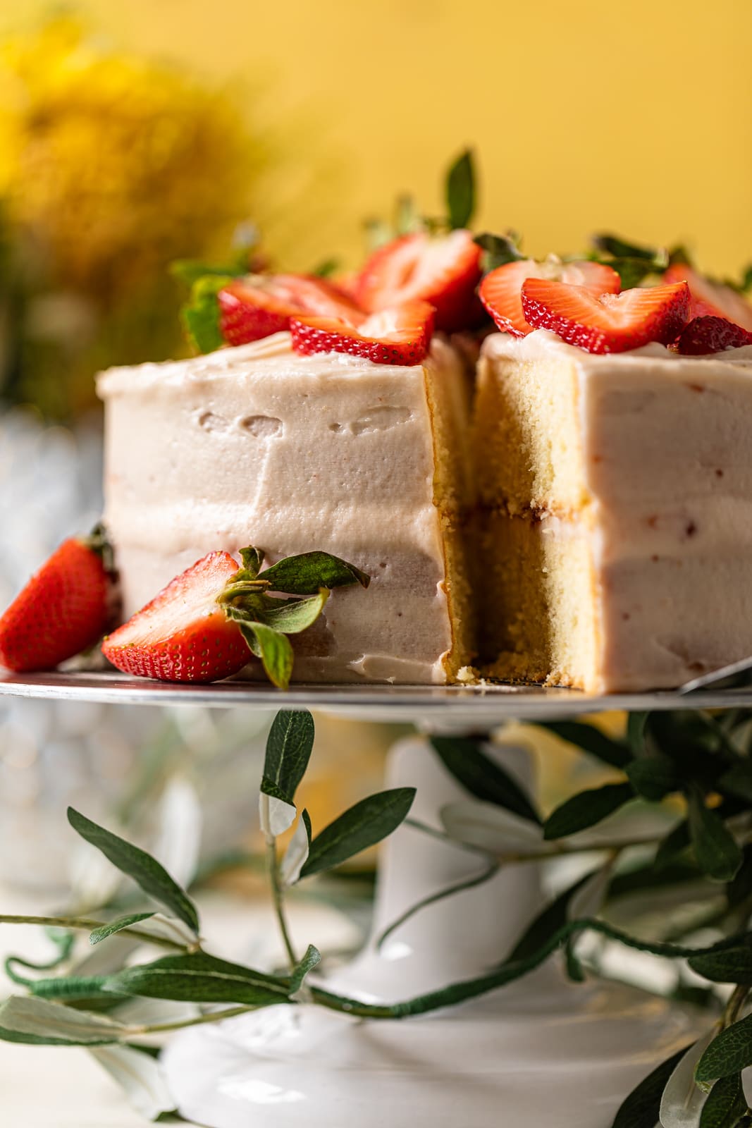 Strawberry Layer Cake with a slice pulled out